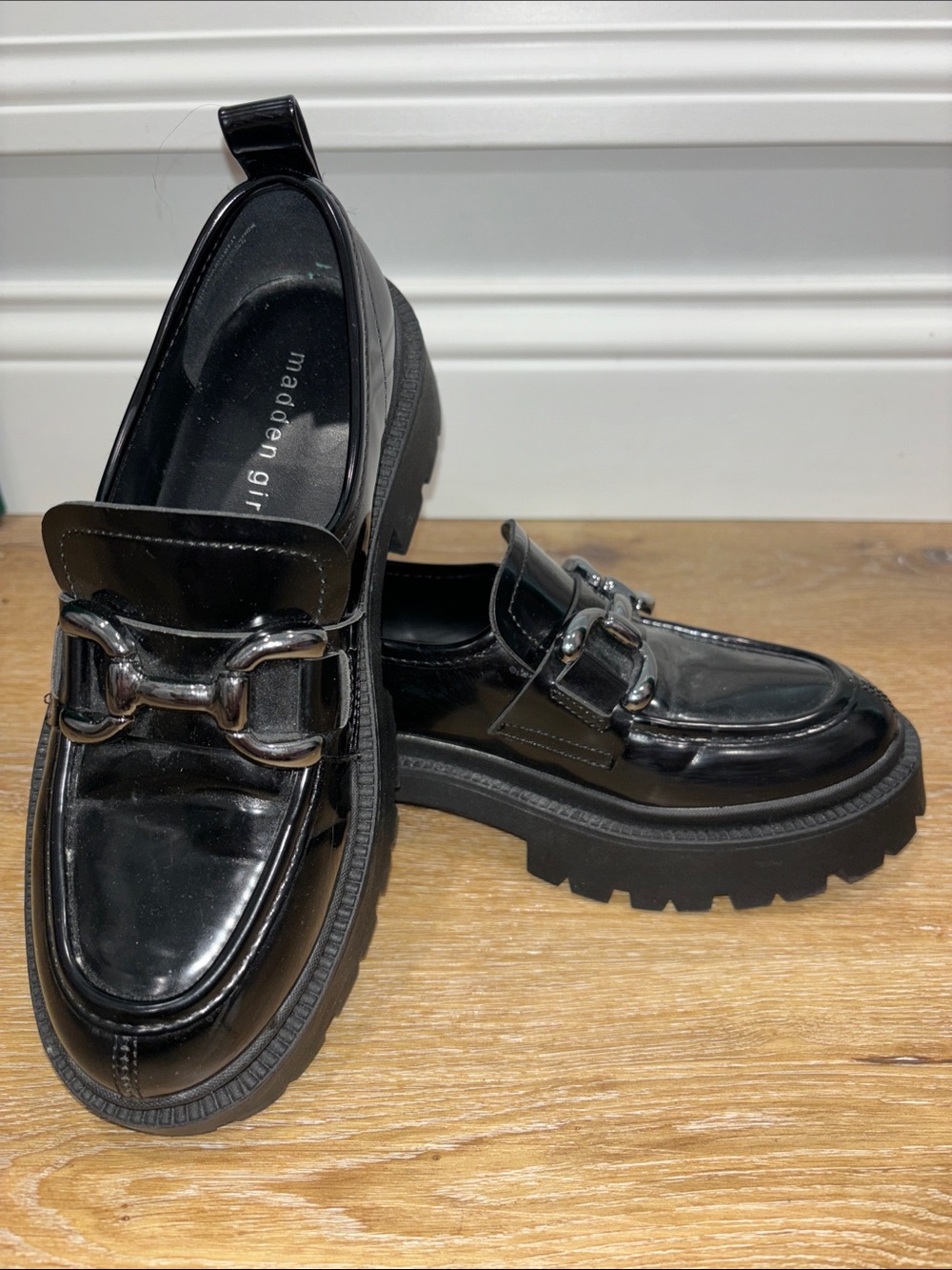 Madden Girl Black Patent Lug Sole Loafers with Silver Bit